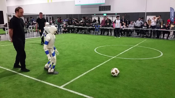 A humanoid robot plays soccer