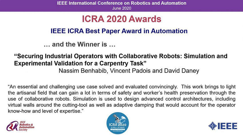 ICRA 2020 Award won by the Bordeaux - Sud-Ouest INRIA Research Centre